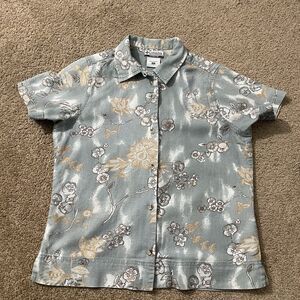Vintage Columbia Shirt Womens Small Aqua Floral Linen Blend Hawaiian Button Up